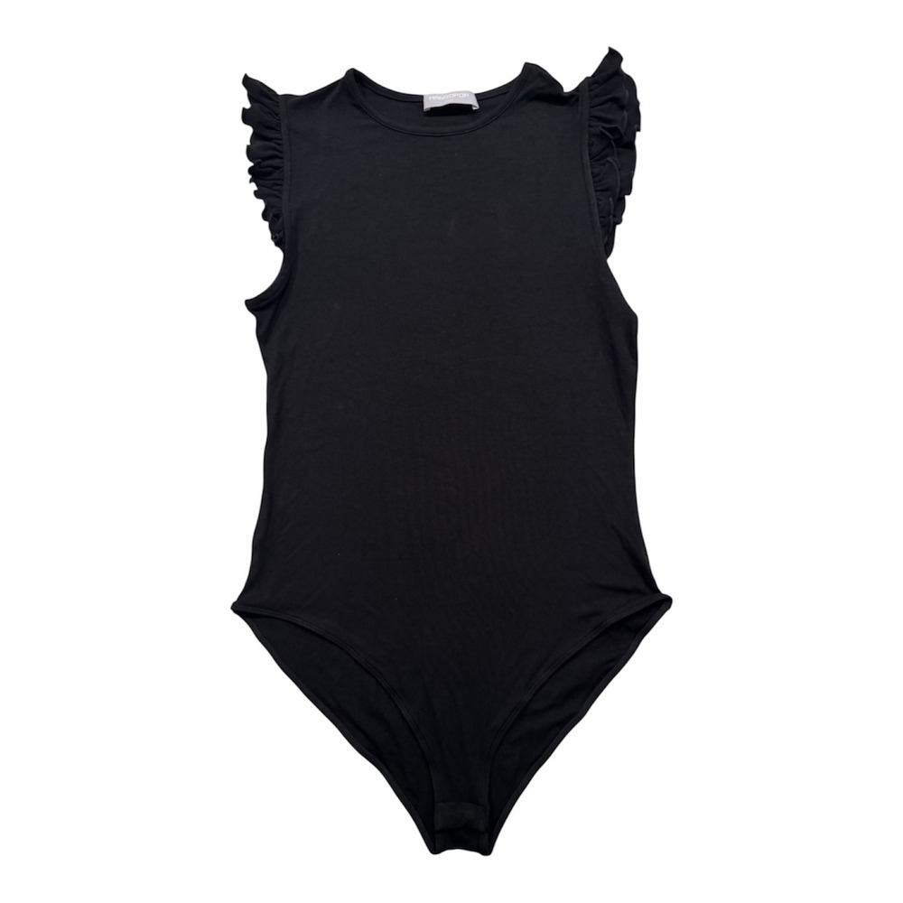 Mangopop Womens Black Ribbed Ruffle Shoulder Sleeveless Bodysuit Small